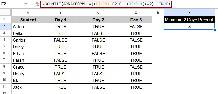 Using ARRAYFORMULA with IF to Count Conditional TRUEs