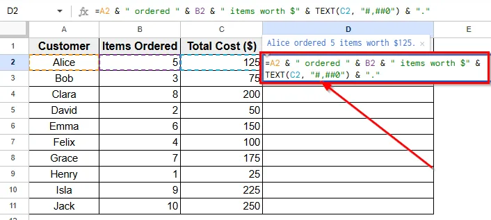 Using Ampersand (&) Operator to Concatenate Text and Formula