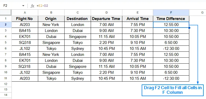 Calculate Duration Between Two Times by Subtraction