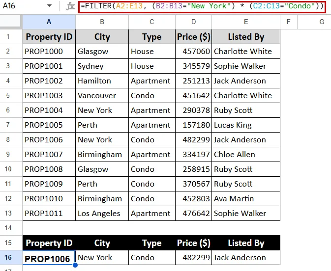 Using the FILTER Function with AND Logic