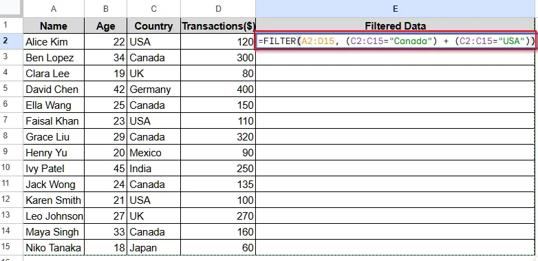 Using FILTER Function Applying OR Condition in Google Sheets