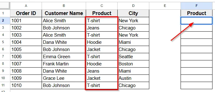 Using the UNIQUE Function to Filter Product Values