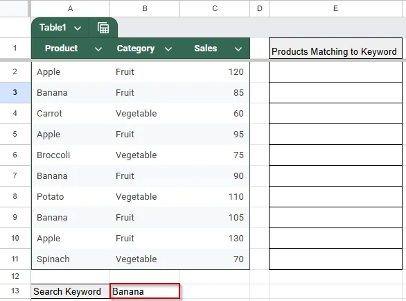 Extract Matching Values Using ARRAYFORMULA Function
