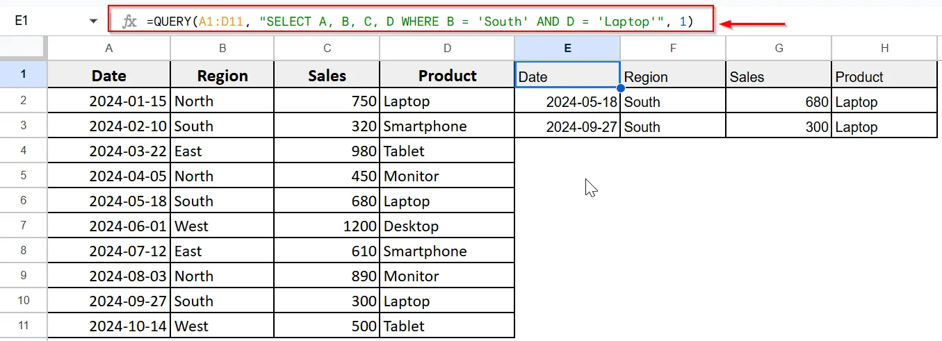 Google Sheets Query Using AND Operator
