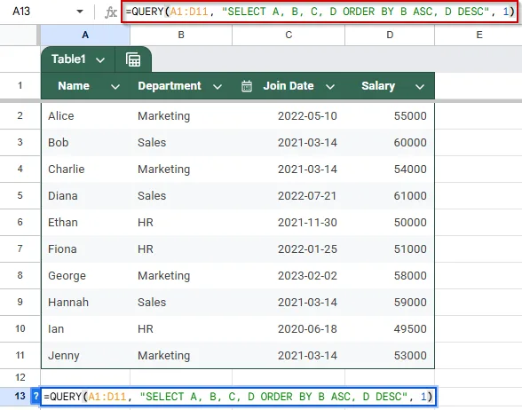 Sort Rows by Multiple Columns Using QUERY ORDER BY