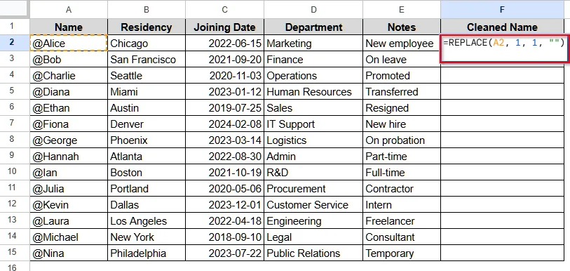Remove the First Character in Google Sheets Using the REPLACE Function