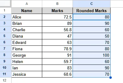 Round up to Nearest 10 Using the ROUNDUP Function in Google Sheets