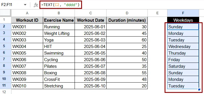 Using the TEXT Function to Extract Weekday Name