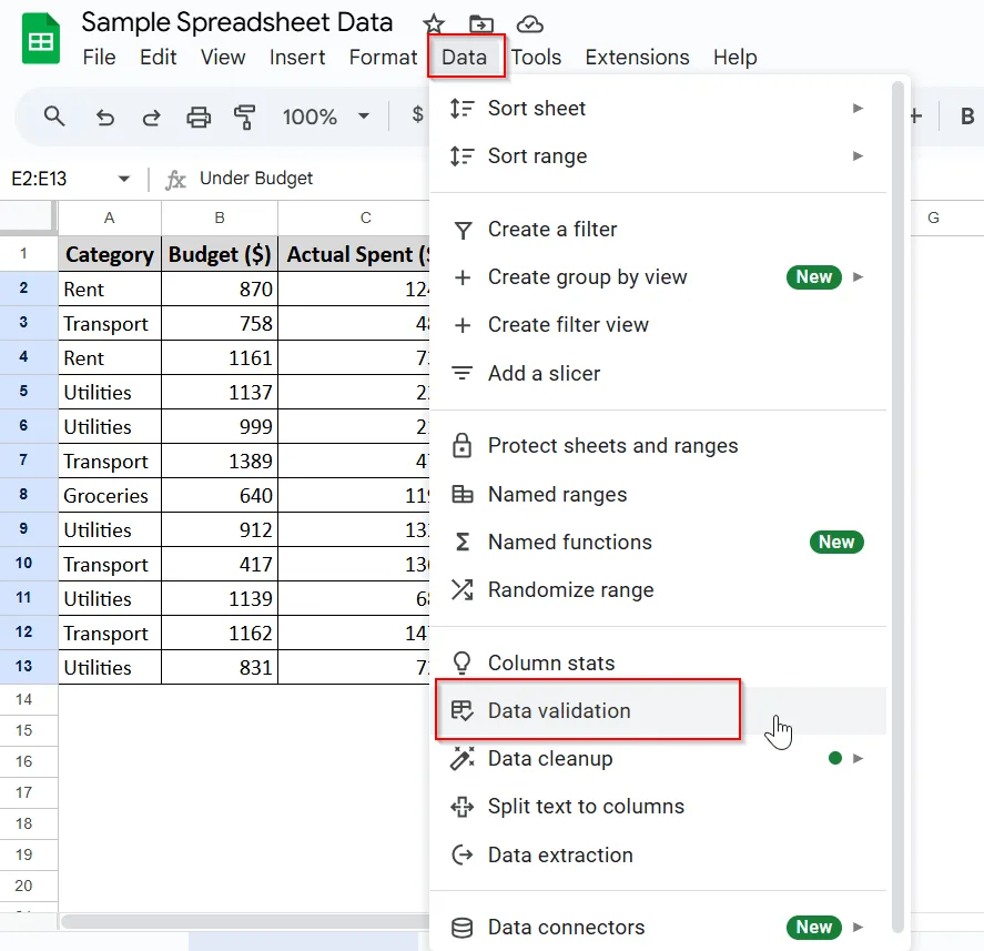 Editing the Drop-down List in Data Validation