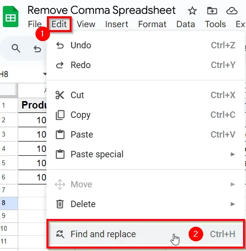 Remove Commas Using Find and Replace Tool