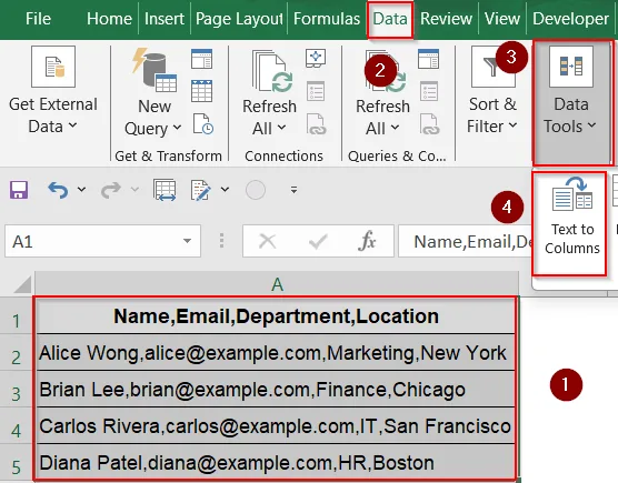 Use Text to Columns to Split Pasted Comma-Separated Data