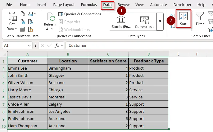 Manually Sort Source Data and Add a Drop-Down