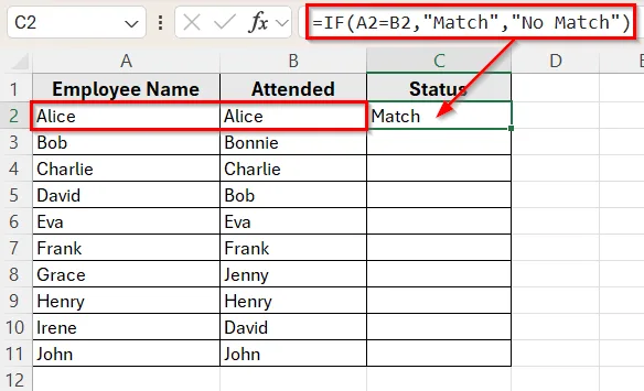 Use IF Function to Compare Two Columns and Return a Value