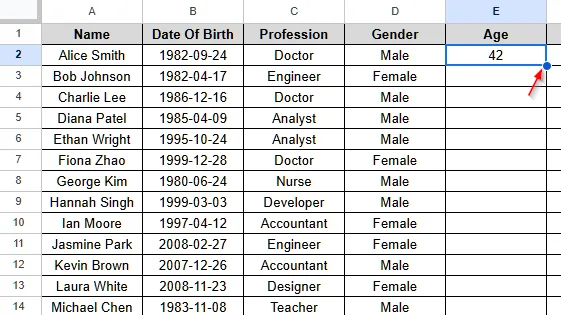 Calculate Age from Date of Birth Using DATEDIF Function in Google Sheets - 3
