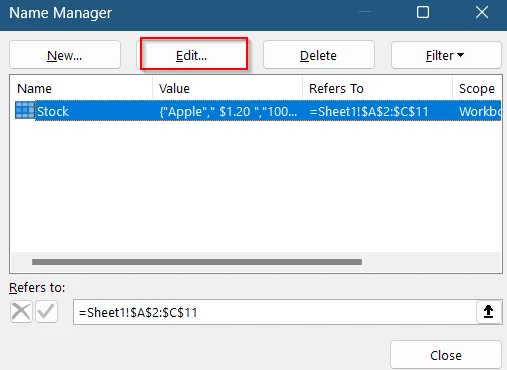 Steps to Edit Named Range Using Name Manager