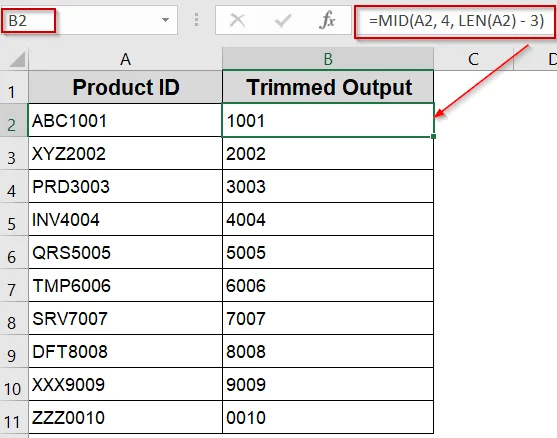 Insert the MID Function to Remove First 3 Characters