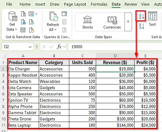 Using Sort & Filter Button to Sort Rows by Column in Excel