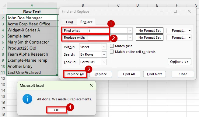 Using Find & Replace to Remove Parentheses in Excel