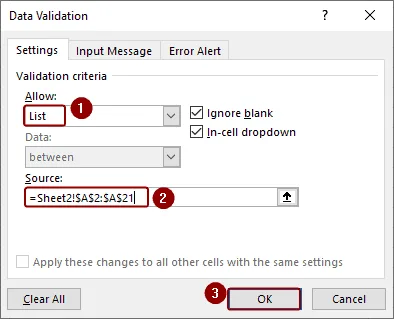 settings for data validation in excel