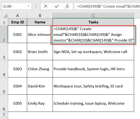 Implementing CHAR(149) with Line Breaks to Insert Multiple Bullet Points in Excel Cell