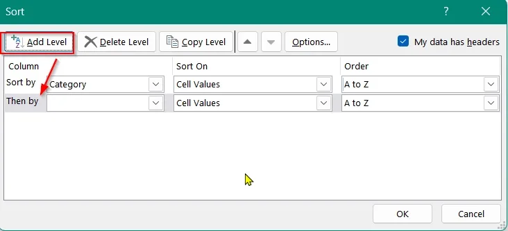 Using Built-in "Sort" Button on Data Tab