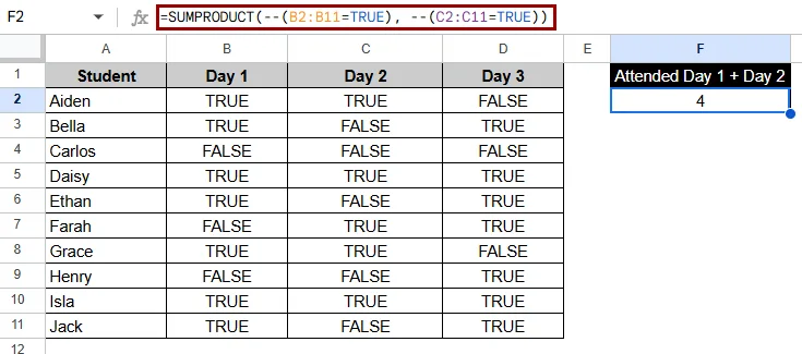 Using SUMPRODUCT to Count TRUE Without COUNTIF