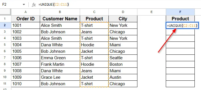 Using the UNIQUE Function to Filter Product Values