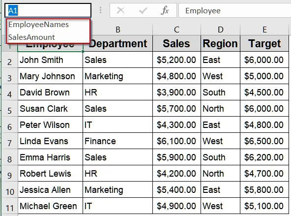 Jump to Named Ranges Using the Name Box Dropdown