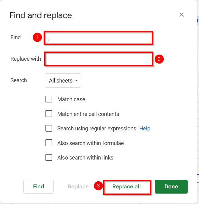 Remove Commas Using Find and Replace Tool