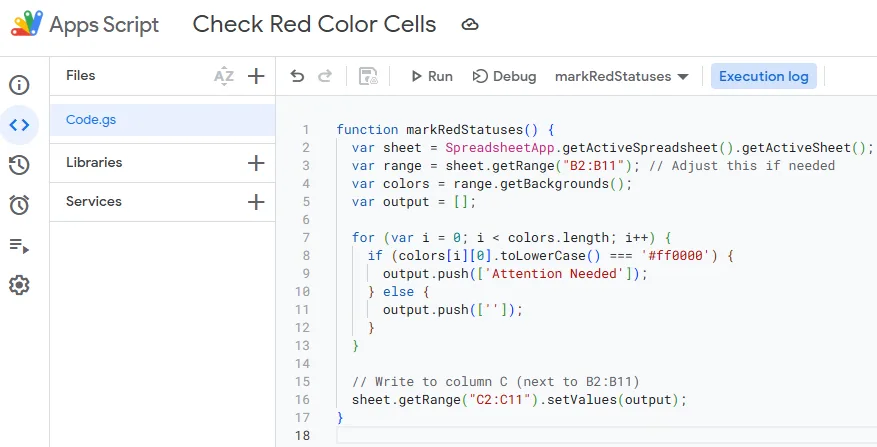 Use Apps Script to Check If Cell Color is Red and Return a Value