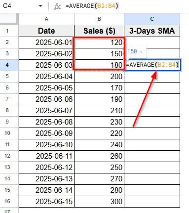 Applying AVERAGE Function To Calculate Moving Average