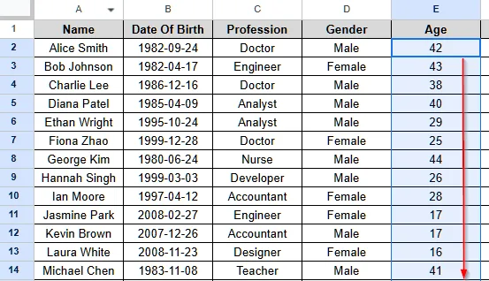 Calculate Age from Date of Birth Using DATEDIF Function in Google Sheets - 4