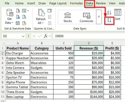 Using Sort & Filter Button to Sort Rows by Column in Excel
