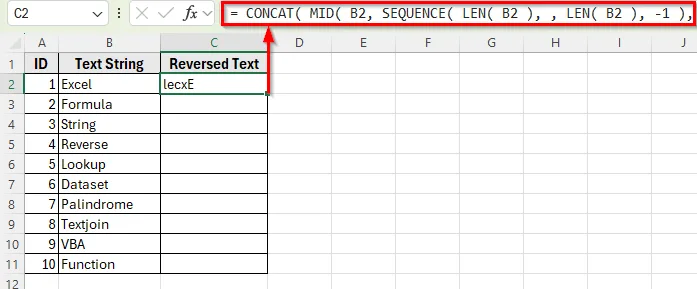 Using CONCAT, MID, SEQUENCE, and LEN to Reverse Text String