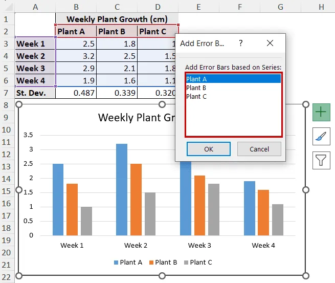 selecting error bars for a specific series