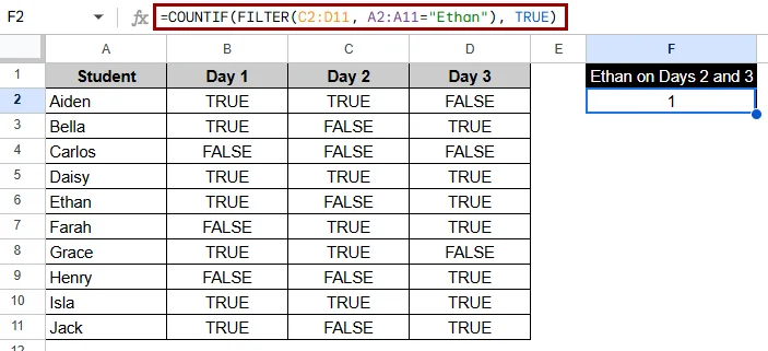 Using FILTER with COUNTIF to Count TRUE