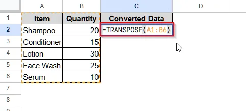 Using the TRANSPOSE Function to Convert Columns to Rows in Google Sheets