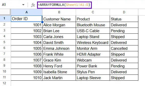 Using ARRAYFORMULA to Automatically Expand Copied Data