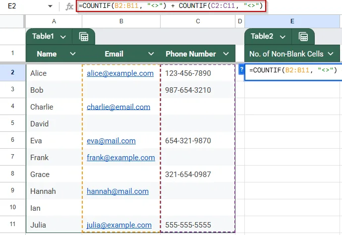 Count Non-Blank Cells in Multiple Non-Adjacent Ranges Using COUNTIF
