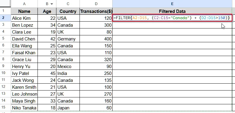 FILTER With OR Condition for Multiple Column Criteria