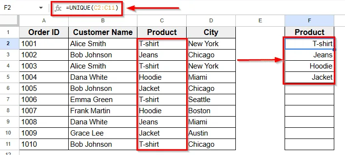 Using the UNIQUE Function to Filter Product Values