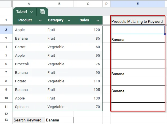 Extract Matching Values Using ARRAYFORMULA Function