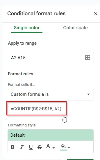 Find Duplicates in Two Columns in Google Sheets Data Using Conditional Formatting Rules