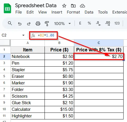 Using the Basic Formula to Multiply a Column by a Constant