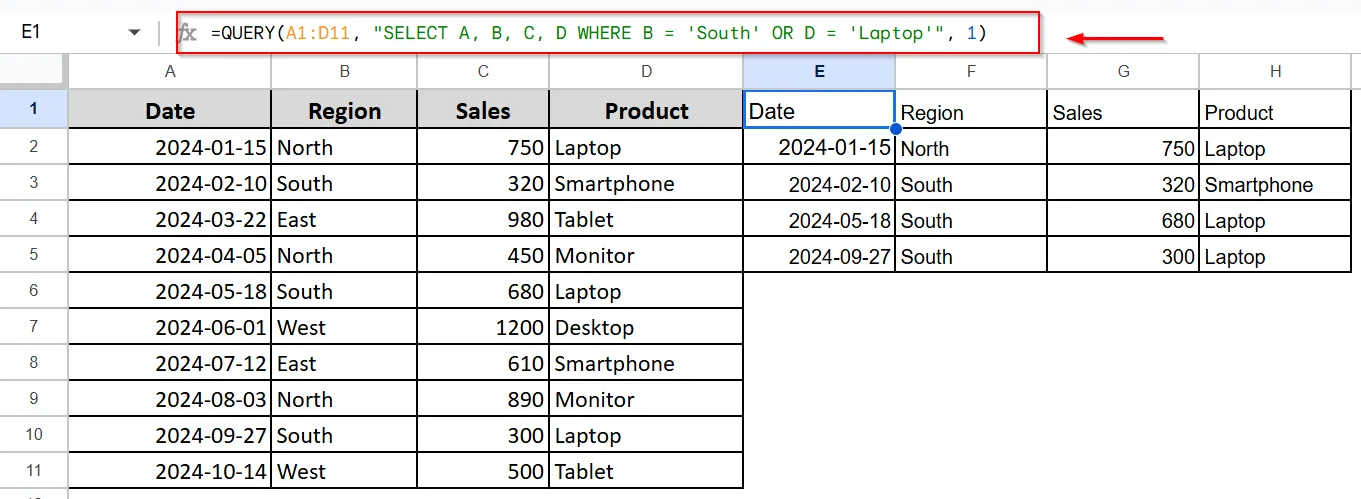 Google Sheets Query Using OR Operator