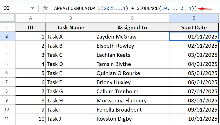Use SEQUENCE Function Inside ARRAYFORMULA to Generate Dates Automatically