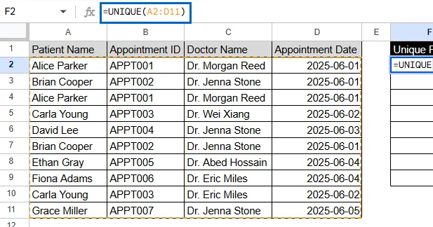 Operating UNIQUE Across Multiple Columns to Remove Entire Duplicate Rows