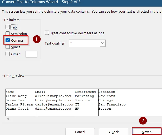 Use Text to Columns to Split Pasted Comma-Separated Data