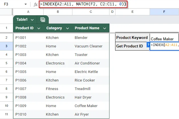 Perform a Reverse VLOOKUP Using INDEX and MATCH in Google Sheets