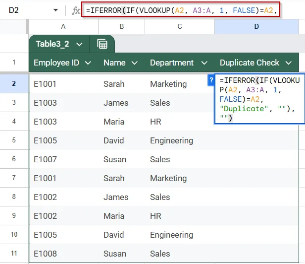 Flag Duplicate Entries Cleanly Using IFERROR with VLOOKUP Function in Google Sheets